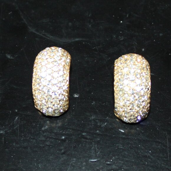 Vintage 80s Signed Christian Dior Pave Rhinestone Huggie Clip Earrings BEAUTIFUL - Picture 1 of 4